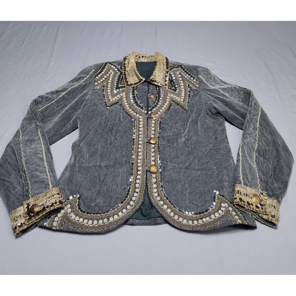 Vintage Embellished Corduroy Jacket Grey Sequin Lace Boho Ornate Blazer Medium
